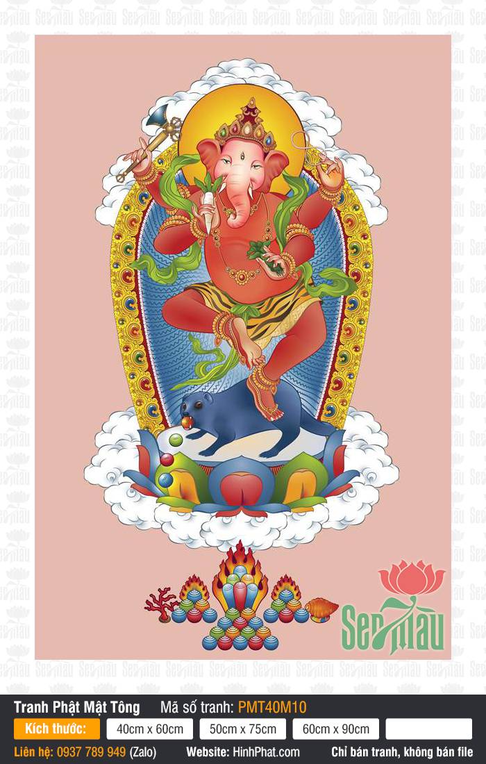 Tranh Ganesha Vị Thần Trí Tuệ Và May Mắn PMT40M10 Tranh Ganesha Vị Thần Trí Tuệ Và May Mắn PMT40M10 khắc họa Thần Voi sắc cam cưỡi chuột
