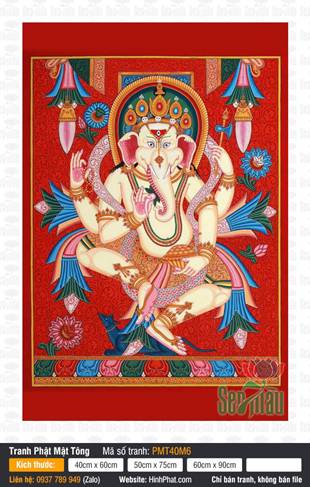 Thần Voi Ganesha PMT40M6, Tôn Hình Bốn Tay Trên Nền Gấm Đỏ