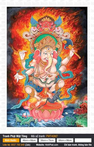 Tranh Thần Ganesha PMT40M7, tôn nét diện tướng bốn tay cầm rìu