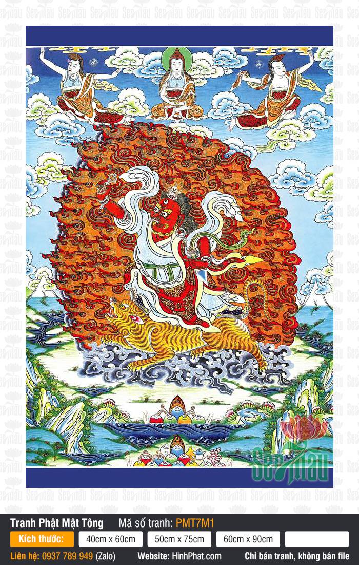 Tranh Guru Dorje Drolo PMT7M1 phác họa hình ảnh Kim Cương Phẫn Nộ cưỡi cọp vàng oai nghiêm