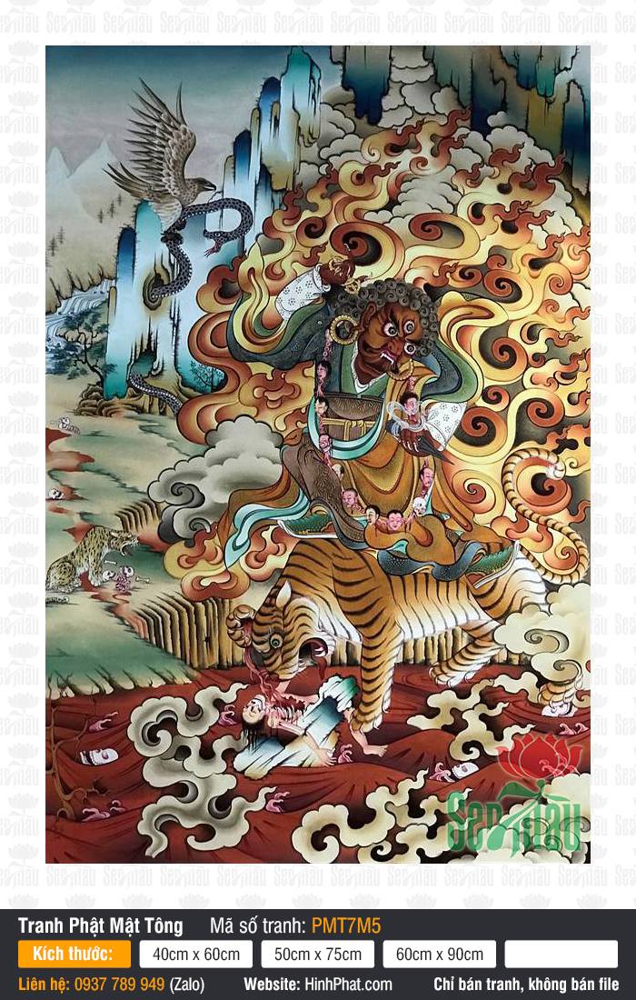 Guru Dorje Drolo PMT7M5 khắc họa tôn ảnh Kim Cương Phẫn Nộ cưỡi cọp hung dữ