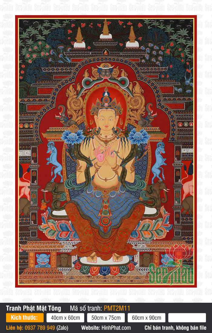 Maitreya Buddha PMT2M11 Tranh Maitreya Buddha PMT2M11 phong cách Thangka Tây Tạng ngự tòa báu đỏ uy nghiêm