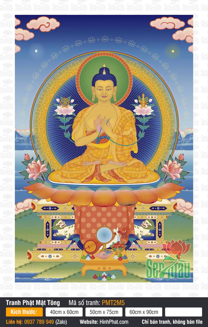 Phật Di Lặc, Mật Tông Tây Tạng PMT2M5 Bức tranh Phật Di Lặc, Mật Tông Tây Tạng PMT2M5 ngự tòa sen vàng giữa mây trời