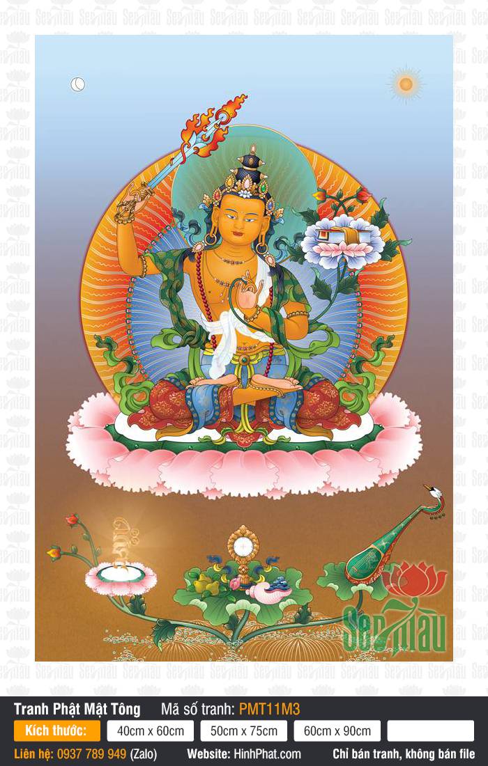 Manjushri Bodhisattva PMT11M3 Tác phẩm Manjushri Bodhisattva PMT11M3 thân sắc cam tọa trên đài sen hồng tay nâng tuệ kiếm