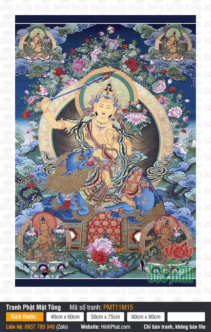 Manjushri Bodhisattva PMT11M15 Tranh Manjushri Bodhisattva cưỡi sư tử xanh dũng mãnh tay nâng thanh gươm báu trí tuệ