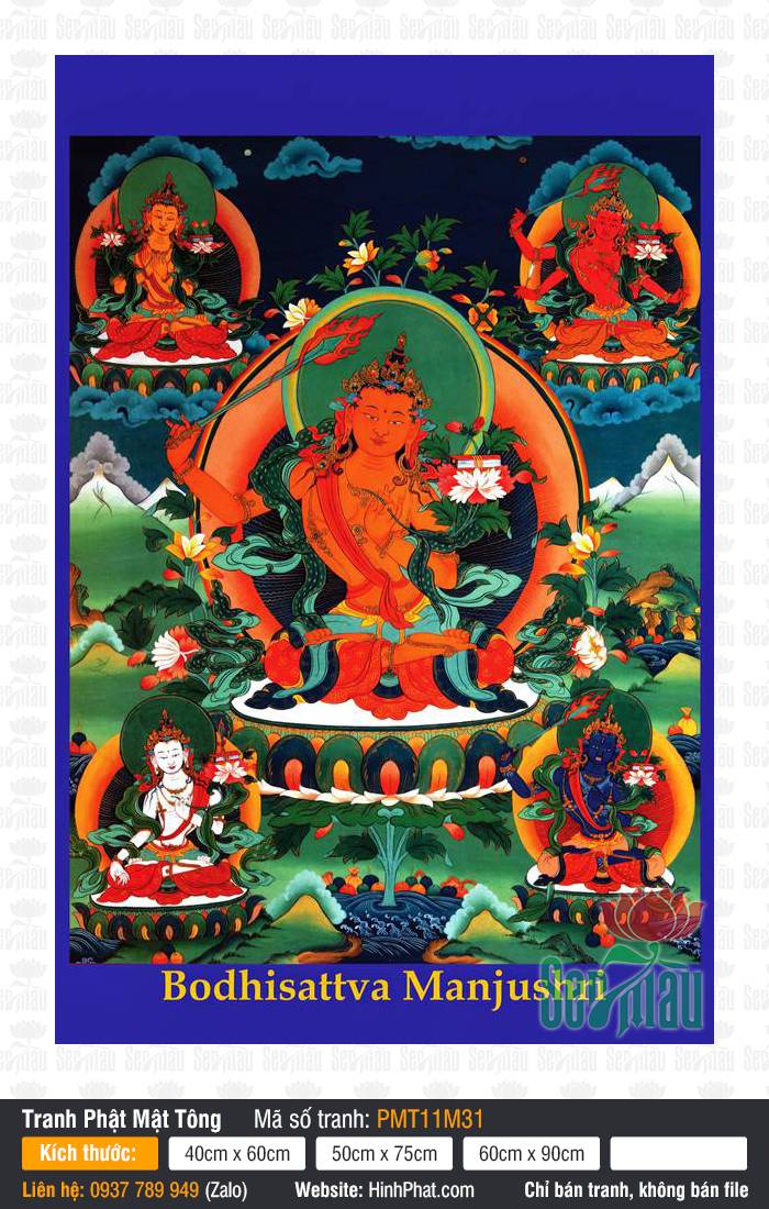 Manjushri Bodhisattva PMT11M31 Manjushri Bodhisattva PMT11M31 họa Đức Văn Thù cầm gươm báu rực lửa tôn nghiêm