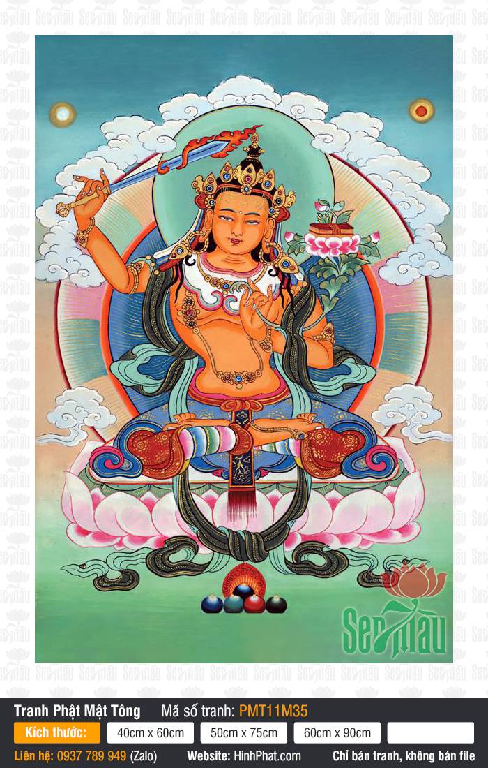 Manjushri Bodhisattva PMT11M35 Manjushri Bodhisattva PMT11M35 khắc họa Đức Văn Thù sắc da cam tọa đài sen
