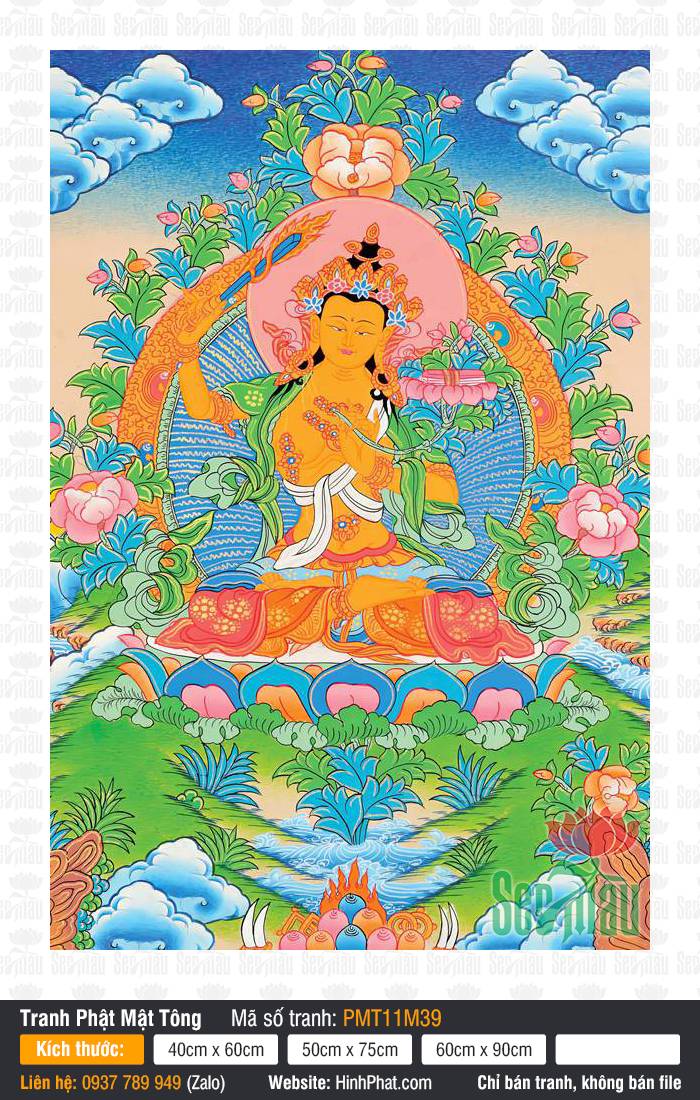 Manjushri Bodhisattva PMT11M39 Tranh Manjushri Bodhisattva PMT11M39 tay nâng kiếm tuệ an tọa trên đài liên hoa