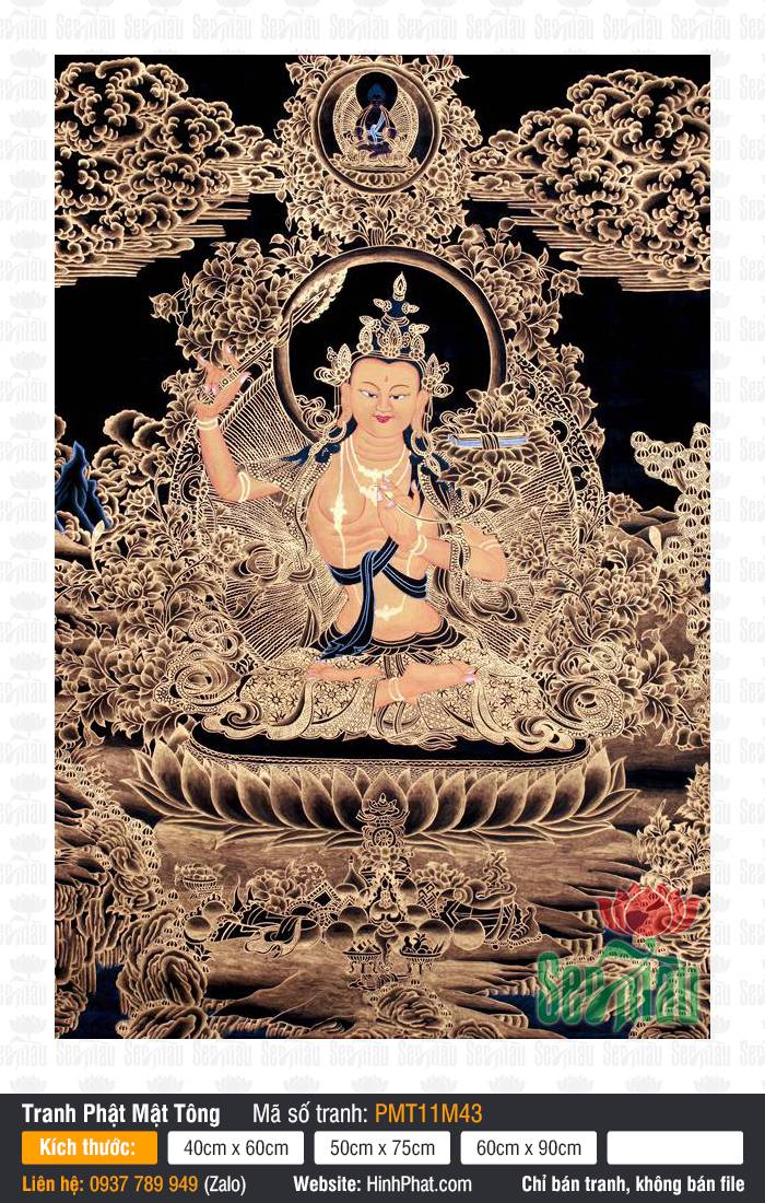 Manjushri Bodhisattva PMT11M43 Manjushri Bodhisattva PMT11M43 khắc họa Đức Văn Thù ngự tòa sen nét vàng nền đen