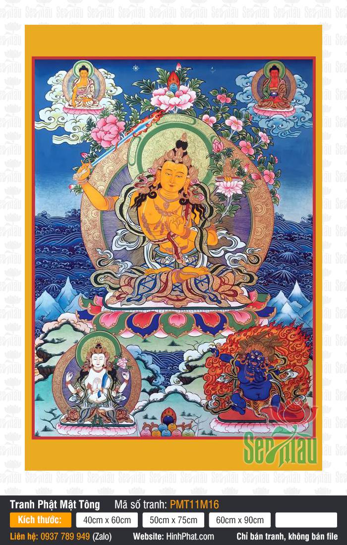 Manjushri PMT11M16 Bức họa Manjushri PMT11M16 sắc thân vàng kim giơ cao thanh gươm trí tuệ rực lửa