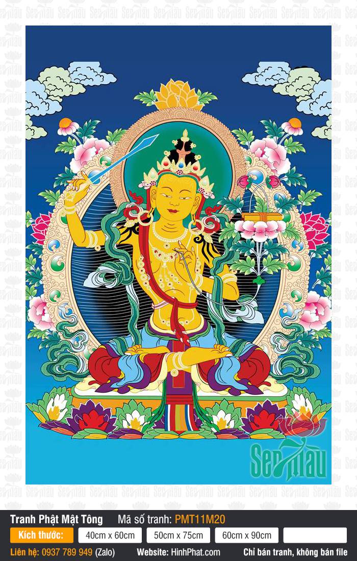 Manjushri PMT11M20 Bức tranh Manjushri PMT11M20 khắc họa Đức Văn Thù sắc thân vàng tươi tay cầm gươm