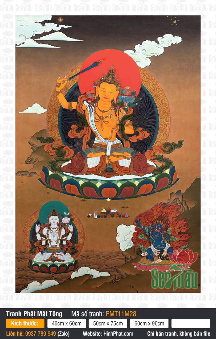 Manjushri PMT11M28 Bức họa Manjushri PMT11M28 khắc họa Đức Văn Thù Sư Lợi tọa sen trên nền nâu trầm mặc