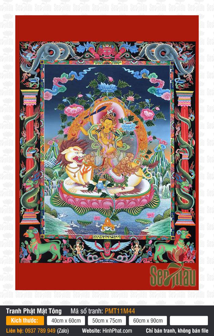 Manjushri PMT11M44 Tranh Manjushri PMT11M44 khắc họa Đức Văn Thù cưỡi sư tử tuyết trên đài sen