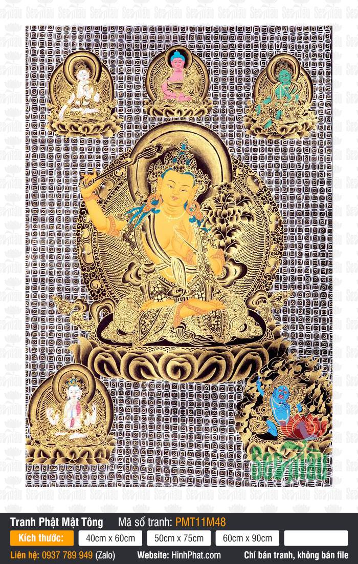 Manjushri PMT11M48 Manjushri PMT11M48 vẽ chỉ vàng trên nền gấm đen với năm vị hóa thân tôn nghiêm