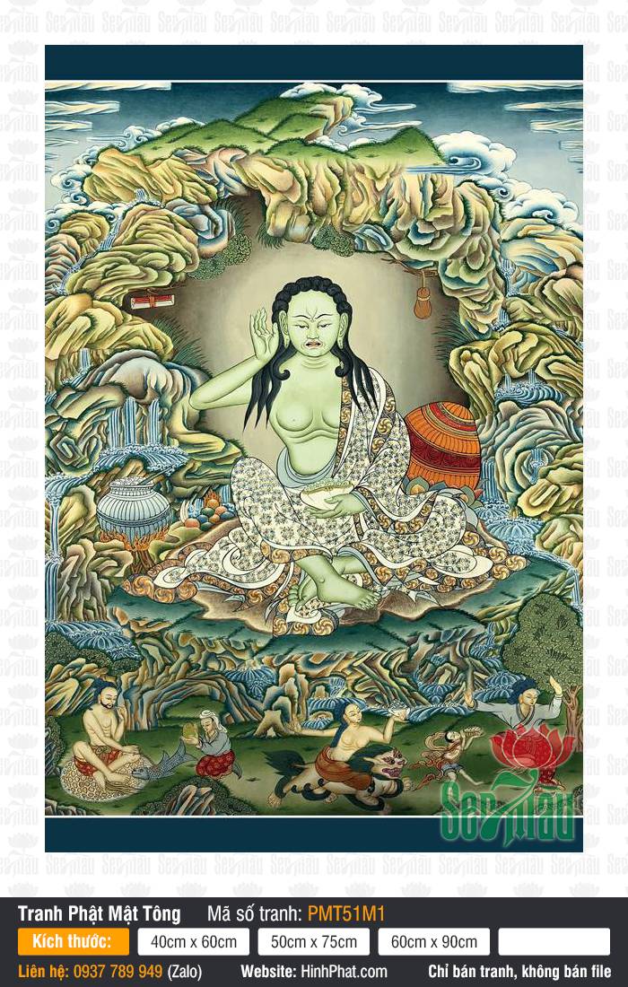 Milarepa Mật-lặc Nhật-ba PMT51M1 Tranh Milarepa Mật-lặc Nhật-ba PMT51M1 ngồi trong hang đá đưa tay lên tai nghe