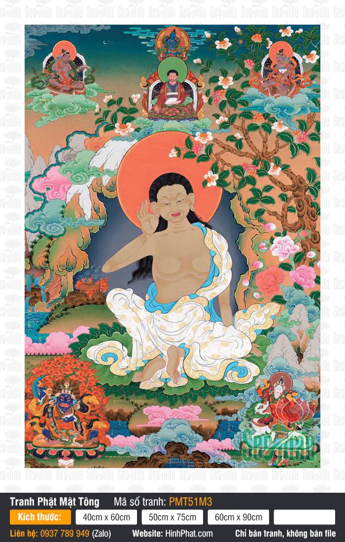 Mật-Lặc Nhật-Ba Milarepa PMT51M3 Tranh Mật-Lặc Nhật-Ba Milarepa PMT51M3 dáng ngồi ghé tai khoác y trắng bên cây cổ thụ