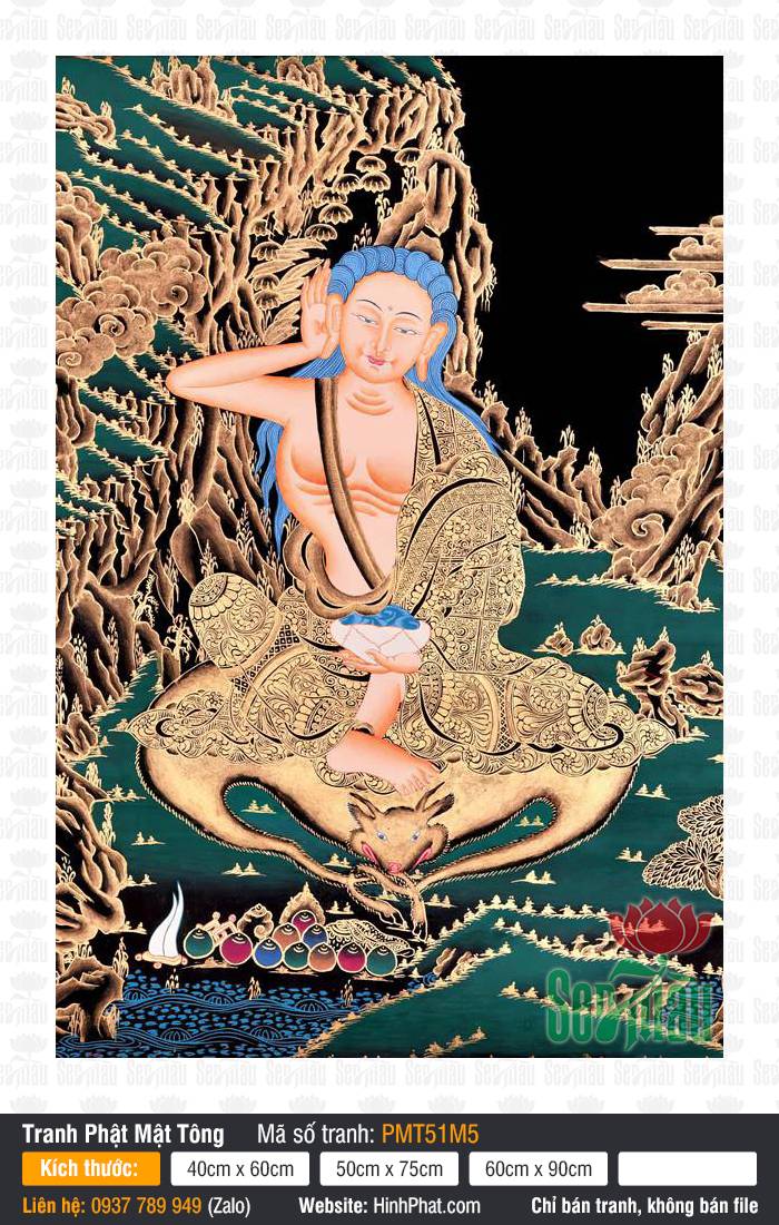 Milarepa Mật Lặc Nhật Ba PMT51M5 Tranh Milarepa Mật Lặc Nhật Ba PMT51M5 họa nét vàng kim trên nền đen huyền bí