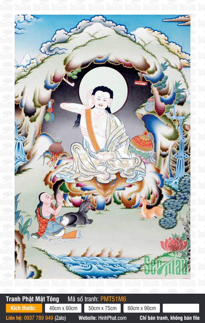 Tranh Milarepa PMT51M6 Tranh Milarepa PMT51M6 phác họa Tổ sư ngồi lắng nghe giữa hang núi tuyết
