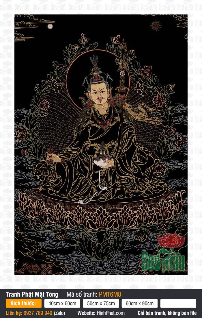Padmasambhava PMT6M8 Tranh Padmasambhava PMT6M8 khắc họa Đức Liên Hoa Sanh họa nét vàng trên nền đen
