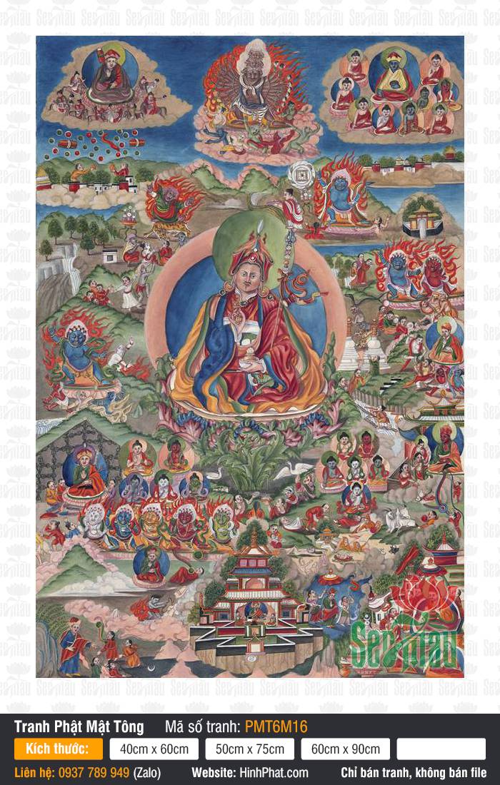 Padmasambhava PMT6M16 Padmasambhava PMT6M16 họa Đức Liên Hoa Sinh ngồi trên đài sen giữa chư Phật Thangka