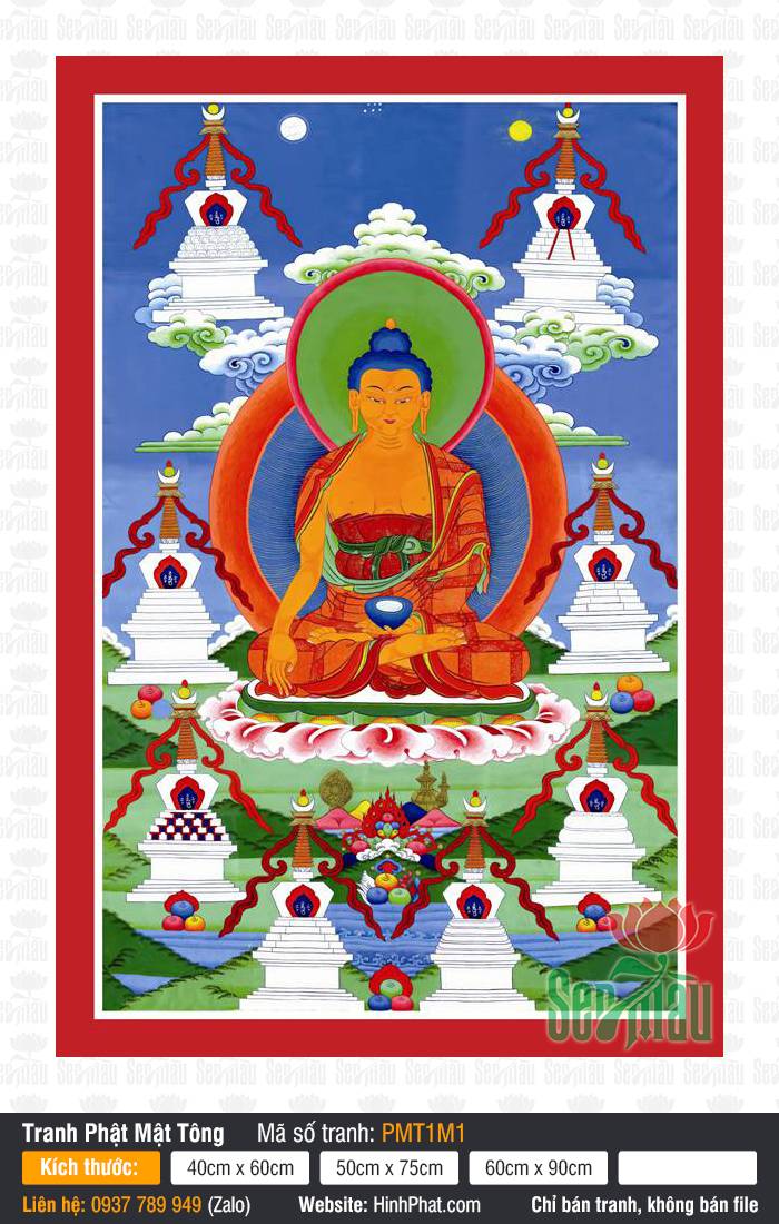 Buddha Shakyamuni PMT1M1 Buddha Shakyamuni PMT1M1 họa hình Phật Thích Ca tọa sen quanh tám ngọn tháp