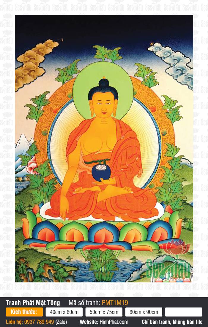 Buddha Shakyamuni PMT1M19 Bức họa Buddha Shakyamuni PMT1M19 ngự trên tòa sen với hào quang xanh cam rực rỡ