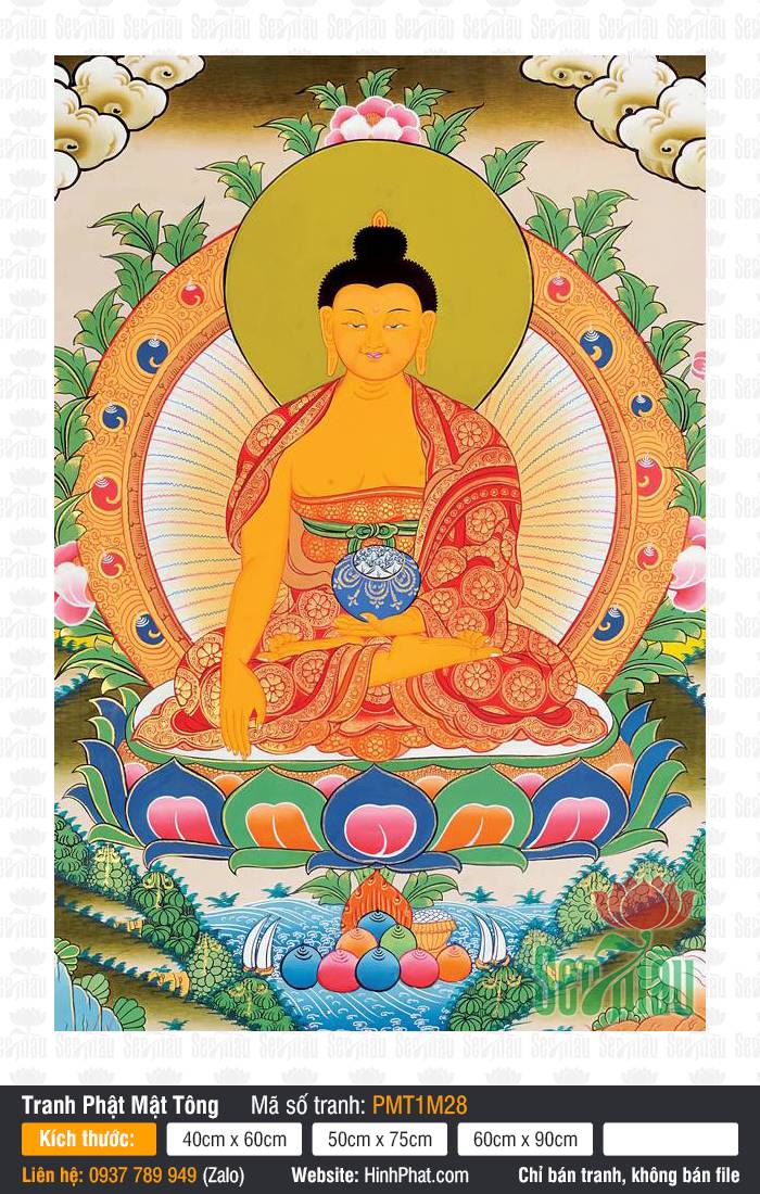 Buddha Shakyamuni PMT1M28 Buddha Shakyamuni PMT1M28 sắc thân vàng kim khoác y gấm đỏ ngự tòa sen