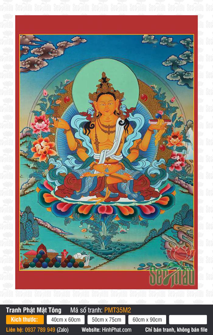 Prajnaparamita PMT35M2 Tranh Prajnaparamita PMT35M2 khắc họa Bát Nhã Phật Mẫu bốn tay màu vàng kim tọa thiền