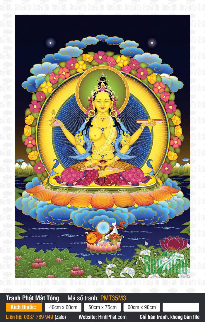 Prajnaparamita PMT35M3 Tranh Phật Mẫu Prajnaparamita PMT35M3 bốn tay ngự tòa sen vàng hào quang rực rỡ