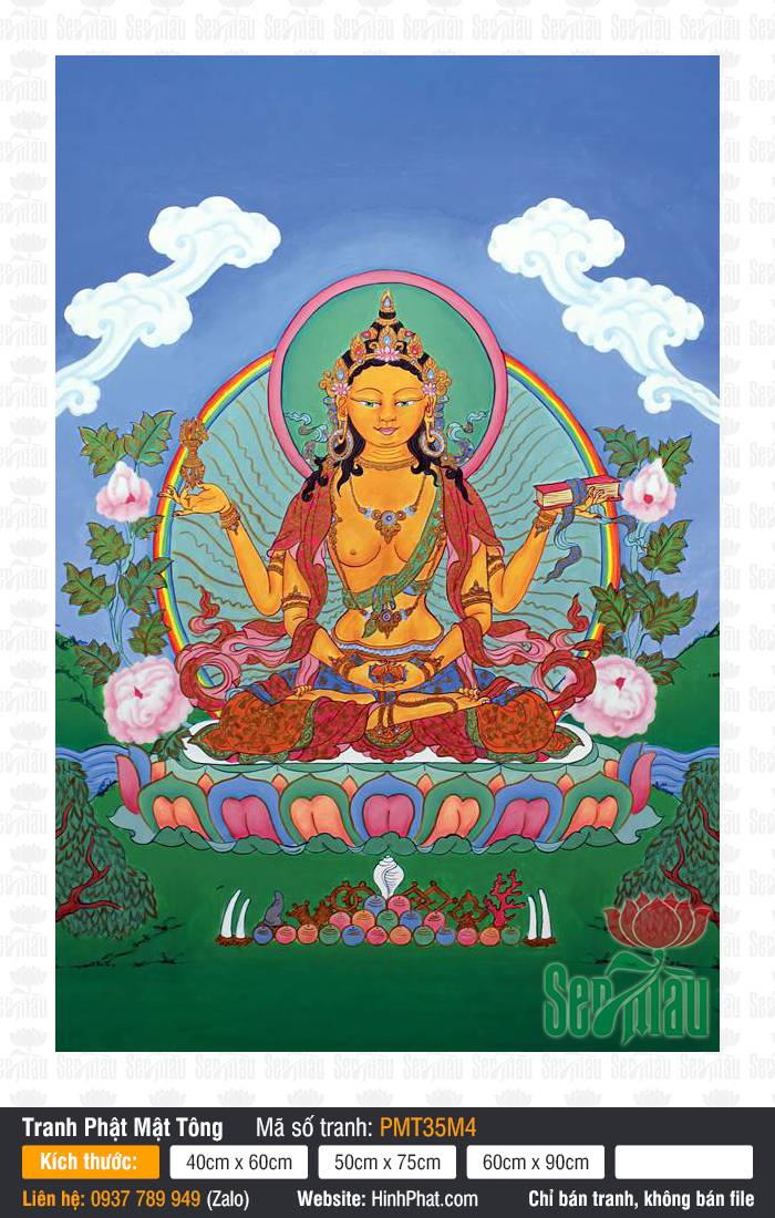Prajnaparamita PMT35M4 Tranh Prajnaparamita PMT35M4 bốn tay khắc họa Đại Mẫu Trí Tuệ sắc vàng tòa sen hồng