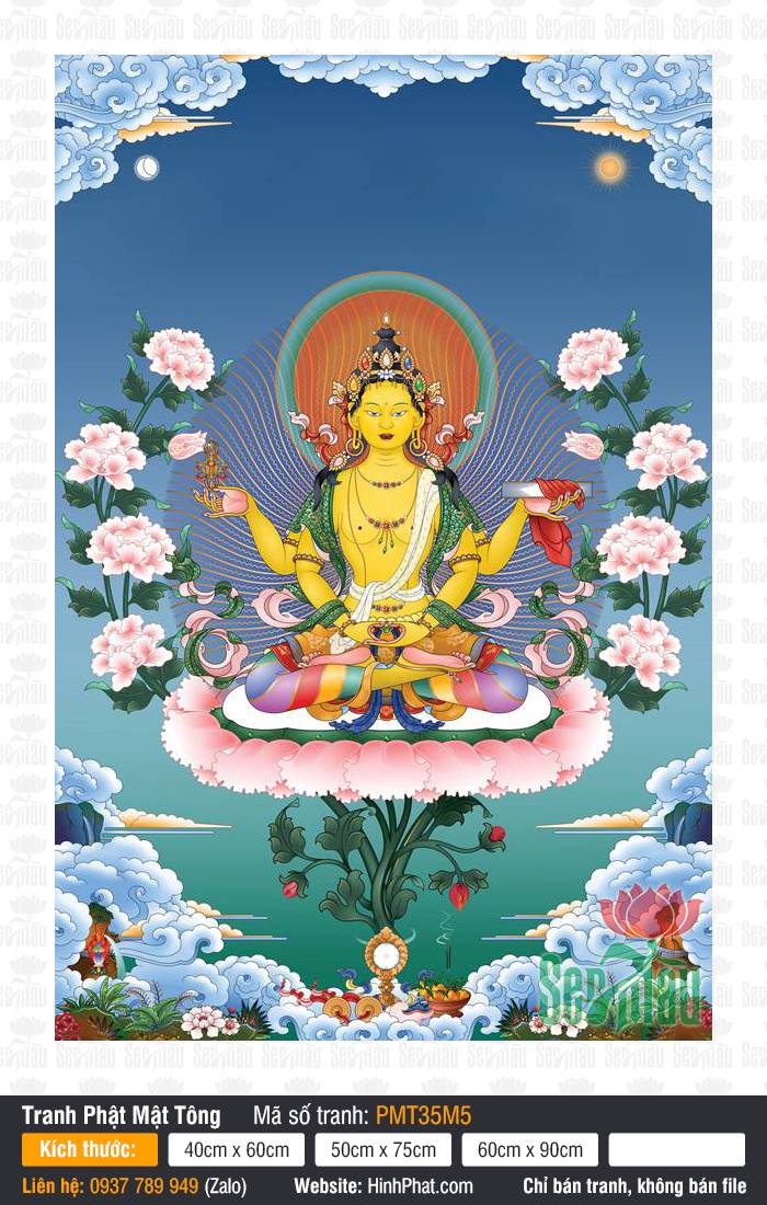 Prajnaparamita PMT35M5 Tranh Phật Mật Tông Prajnaparamita PMT35M5 bốn tay màu vàng kim ngự đài sen