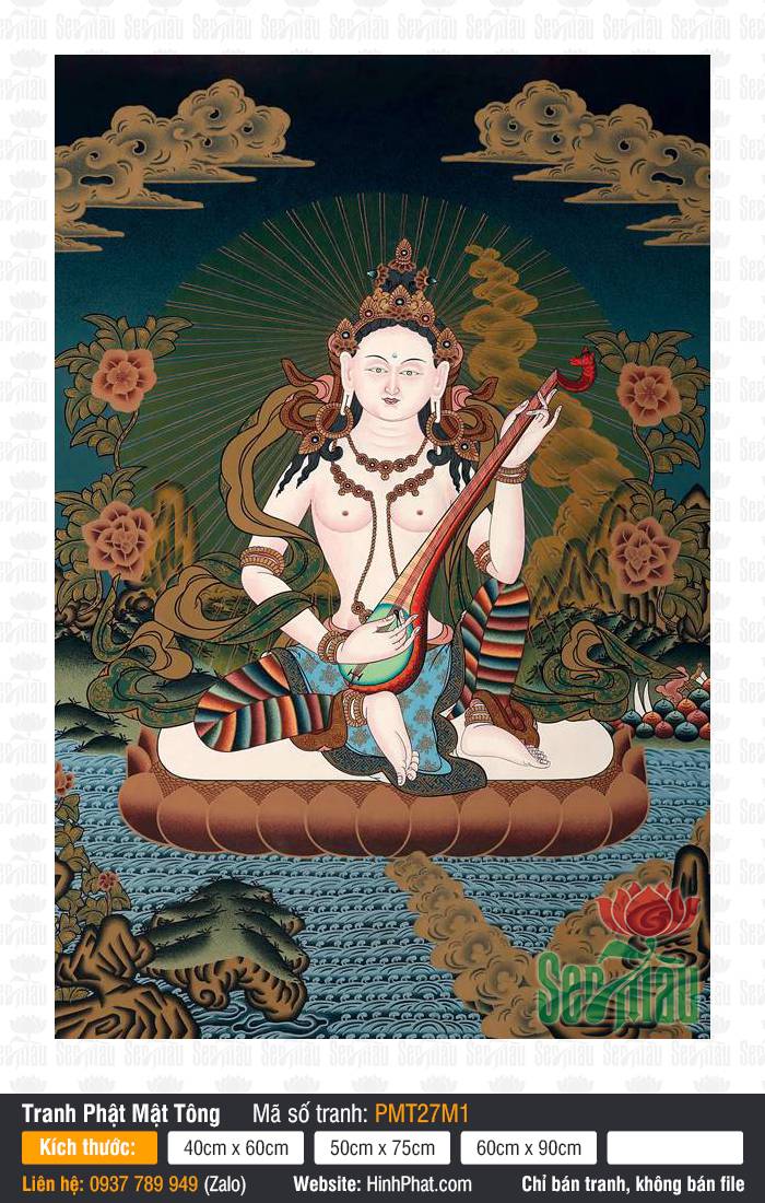 Sarasvati PMT27M1 Sarasvati PMT27M1 sắc thân trắng ôm đàn veena ngự trên tòa sen nâu giữa dòng nước