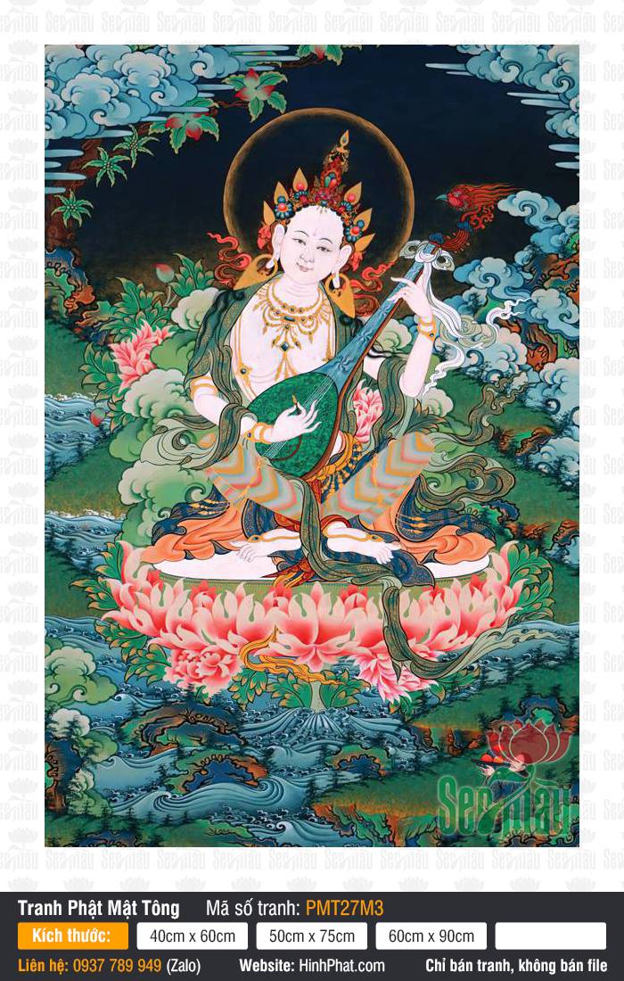 Sarasvati PMT27M3 Sarasvati PMT27M3 khắc họa Diệu Âm Thiên Nữ thân trắng ôm đàn xanh trên tòa sen