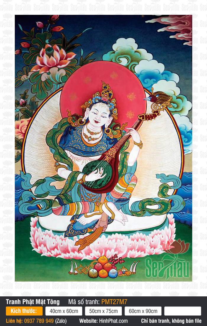 Sarasvati PMT27M7 Tranh Sarasvati PMT27M7 khắc họa Thiên Nữ ôm đàn tỳ bà tọa lạc trên tòa sen hồng