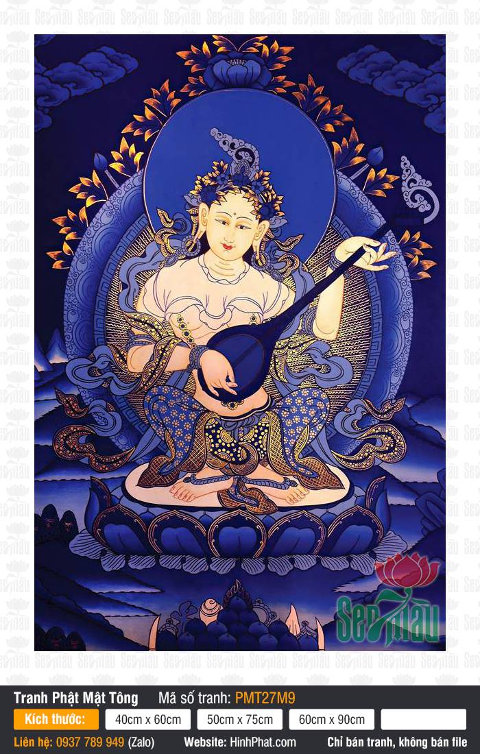 Sarasvati PMT27M9 Tranh Sarasvati PMT27M9 họa hình nữ thần ôm đàn tỳ bà đen trên đài sen xanh dương cổ kính