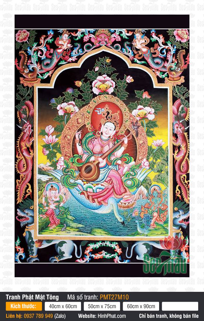Sarasvati PMT27M10 Tranh Sarasvati PMT27M10 Đức Diệu Âm Thiên Nữ ôm đàn tỳ bà ngự trên thiên nga trắng