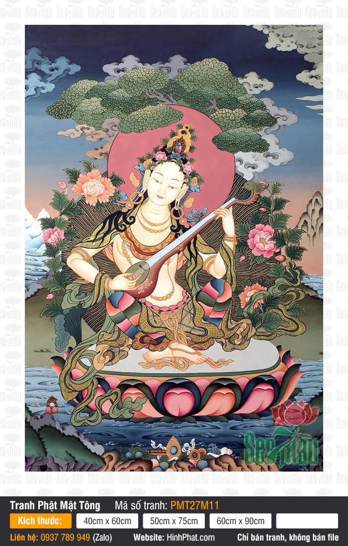 Sarasvati PMT27M11 Sarasvati PMT27M11 sắc thân trắng ôm đàn veena dưới tán cây xanh ngọc ngự tòa sen hồng