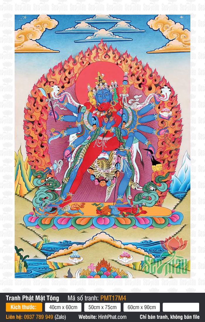Thời Luân Kim Cang Kalachakra PMT17M4 Thời Luân Kim Cang Kalachakra PMT17M4 thân sắc xanh thẫm nhiều cánh tay đứng trên đài sen