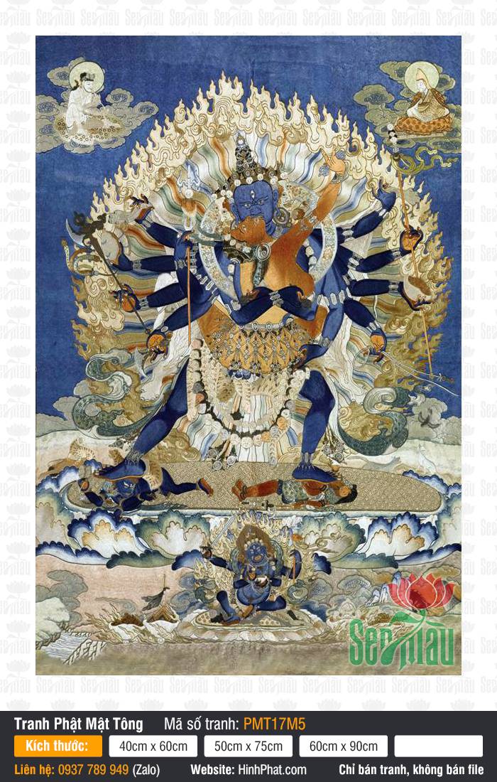 Kalachakra Thời Luân Kim Cang PMT17M5 Tác phẩm Kalachakra Thời Luân Kim Cang PMT17M5 thân sắc xanh nhiều tay đứng giữa hào quang lửa