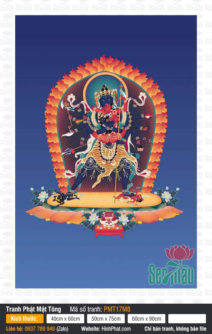 Tranh Thời Luân Kim Cang Kalachakra PMT17M8 Tranh Thời Luân Kim Cang Kalachakra thân sắc xanh dương nhiều tay giữa vòng lửa đỏ