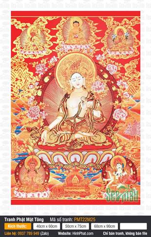 Tara Trắng PMT22M25, bức Thangka nền đỏ cam mây vàng rực rỡ
