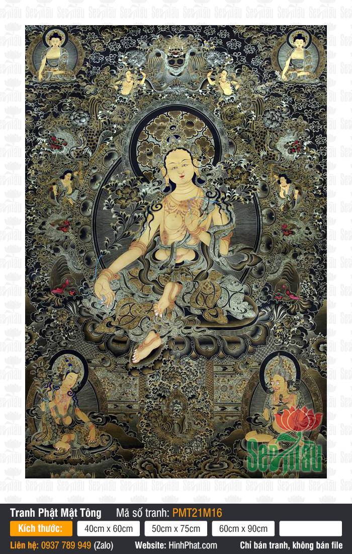 Tara Xanh PMT21M16 Tranh thangka Tara Xanh PMT21M16 vẽ chỉ vàng tinh xảo trên nền đen