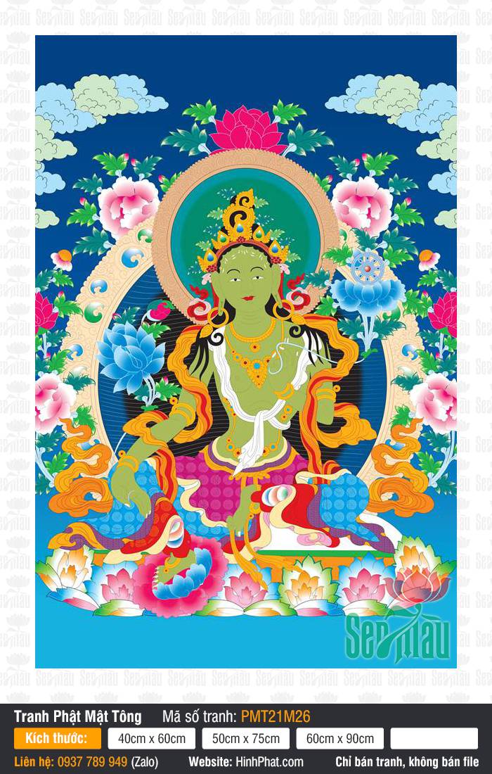 Tara Xanh PMT21M26 Tranh thangka Tara Xanh PMT21M26 khắc họa Đức Lục Độ Mẫu ngự tòa sen bách hoa