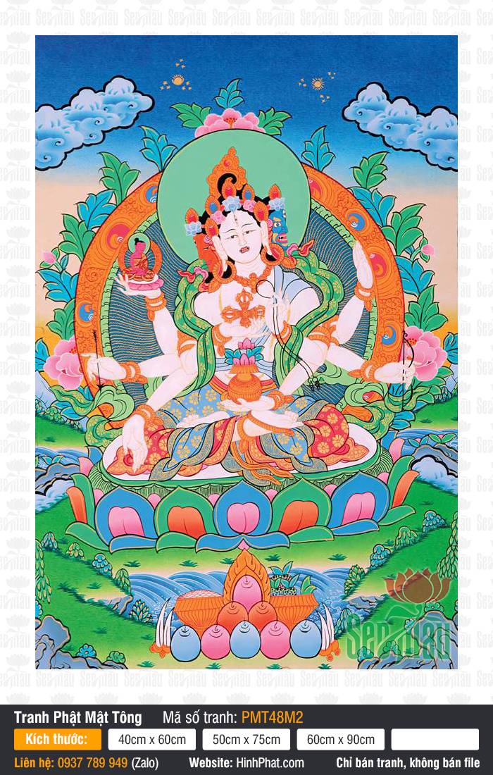 Ushnisha Vijaya Dharani PMT48M2 Tranh Ushnisha Vijaya Dharani PMT48M2 khắc họa Phật Đỉnh Tôn Thắng Phật Mẫu sắc trắng ba mặt