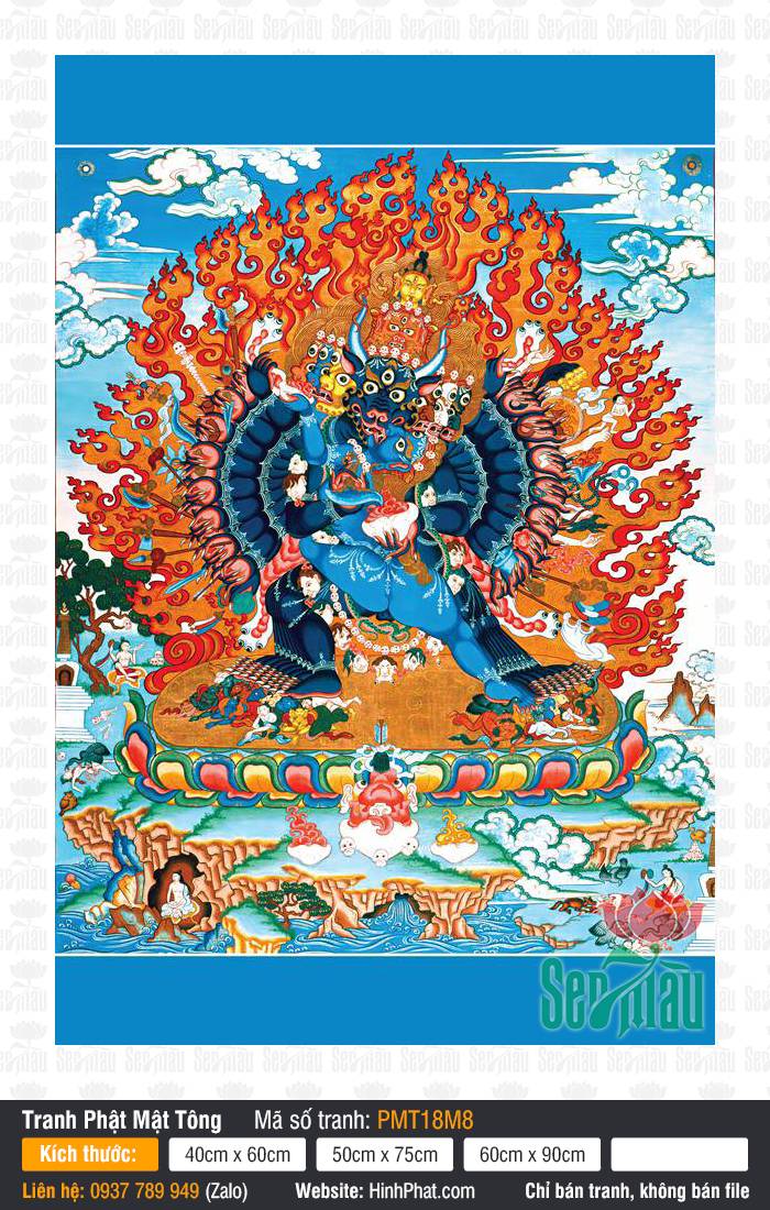 Vajrabhairava PMT18M8 Bức Vajrabhairava PMT18M8 khắc họa diện tướng mặt trâu phẫn nộ rực cháy lửa cam