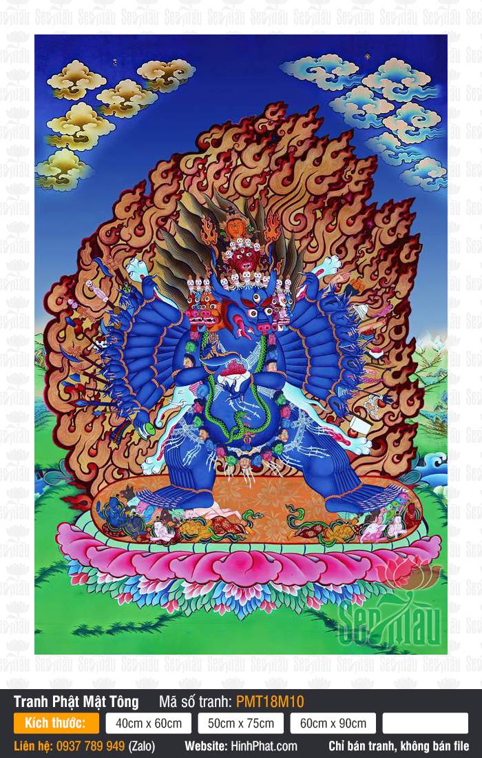 Vajrabhairava PMT18M10 Tranh Tây Tạng Vajrabhairava PMT18M10 diện tướng đại phẫn nộ sắc xanh sẫm giữa hào quang ngọn lửa