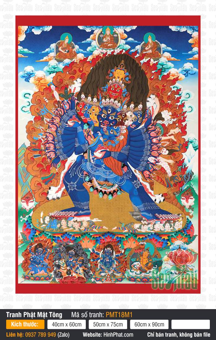 Yamantaka PMT18M1 Bức họa Yamantaka PMT18M1 sắc xanh phẫn nộ uy nghiêm giữa vòng lửa rực cháy