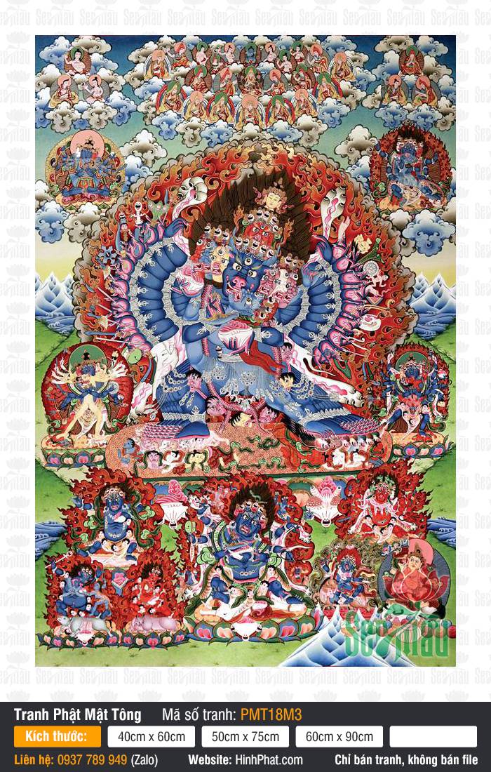 Yamantaka PMT18M3 Họa phẩm Yamantaka PMT18M3 diện xanh phẫn nộ với hào quang lửa đỏ rực rỡ