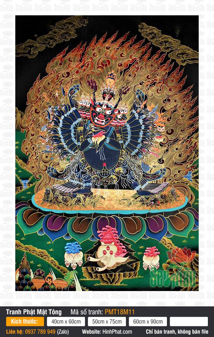Yamantaka PMT18M11 Yamantaka PMT18M11 sắc xanh sẫm diện phẫn nộ giữa hào quang lửa cam đỏ