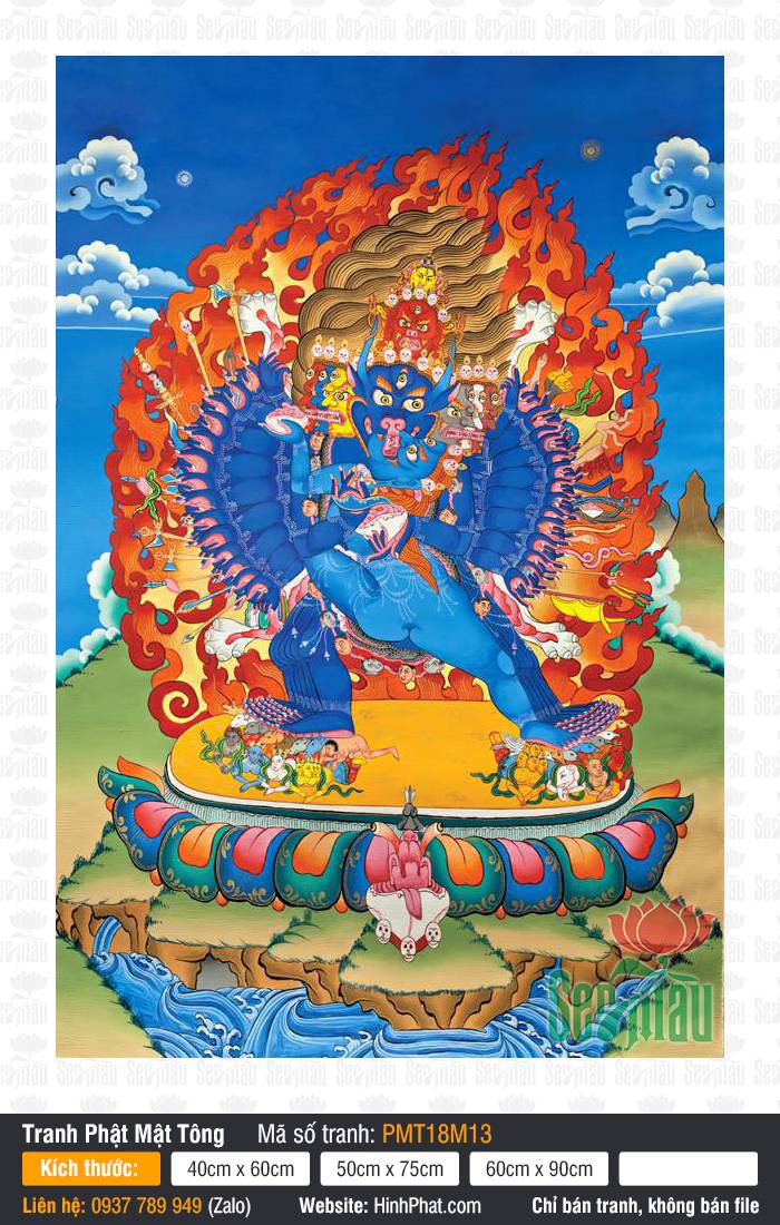Yamantaka PMT18M13 Tranh Yamantaka PMT18M13 thần tướng phẫn nộ đứng trên tòa sen giữa quầng lửa đỏ